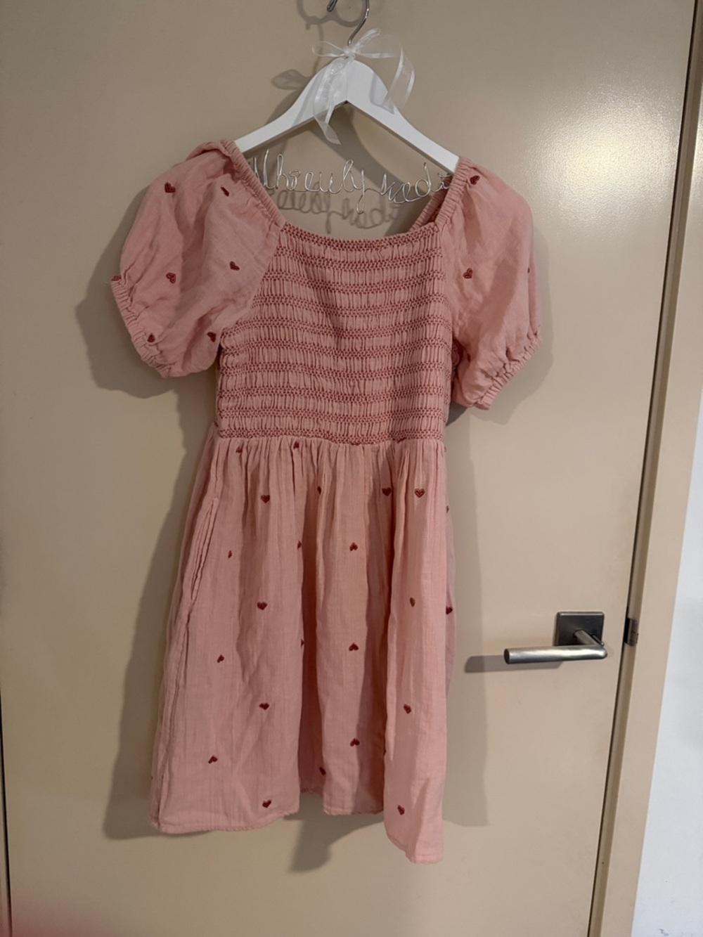 💛5 for $50 Pink Smocked Puff-Sleeve Kids Dress with Heart Embroidery